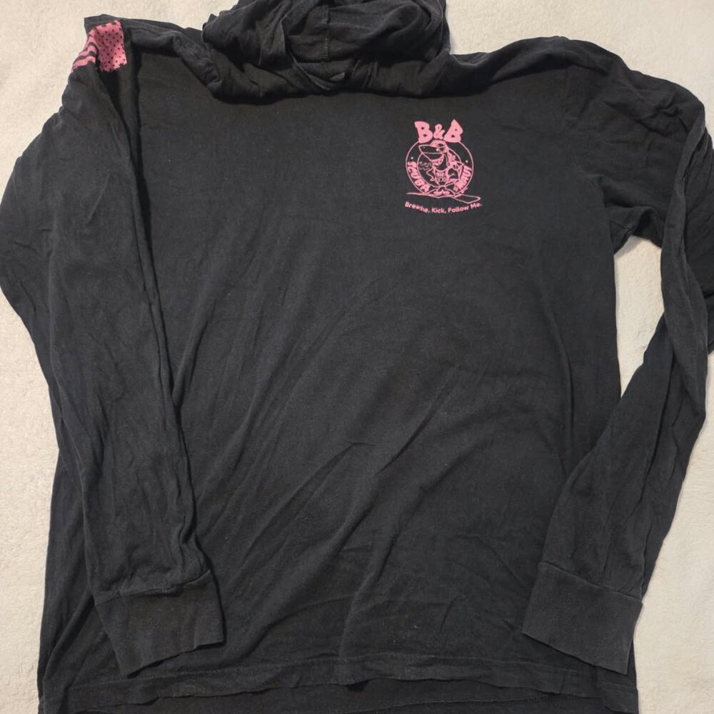 Long sleeve hooded tshirt, hot pink logo front and back. 2XL